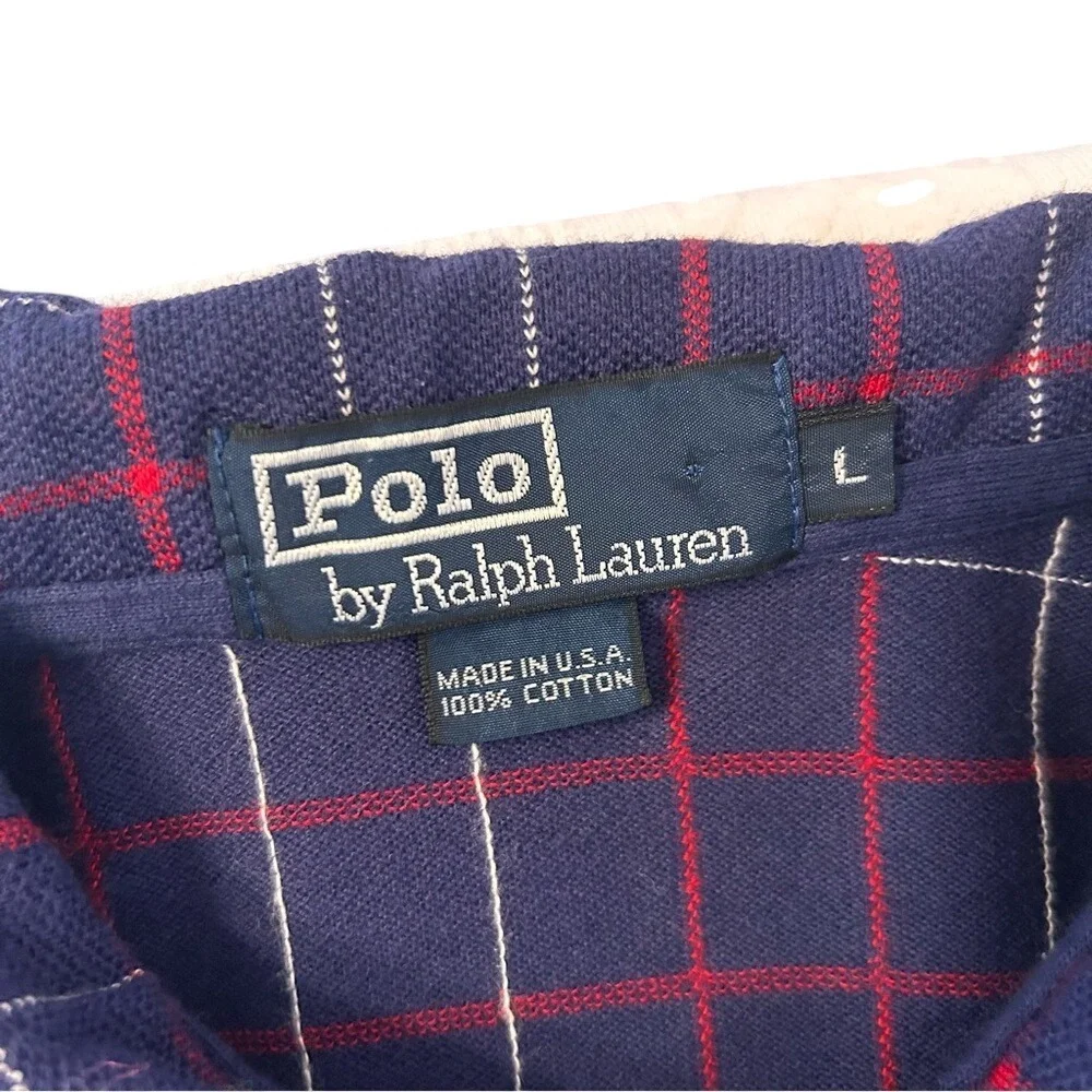 Vintage Polo by Ralph Lauren Navy Blue,‎ Red and White Plaid Polo Shirt Size L